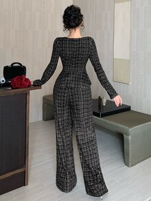 DAZY Women's Lace Patchwork Button Top And Loose Pants Elegant Two Pieces Set Fall - Black and White - View 3