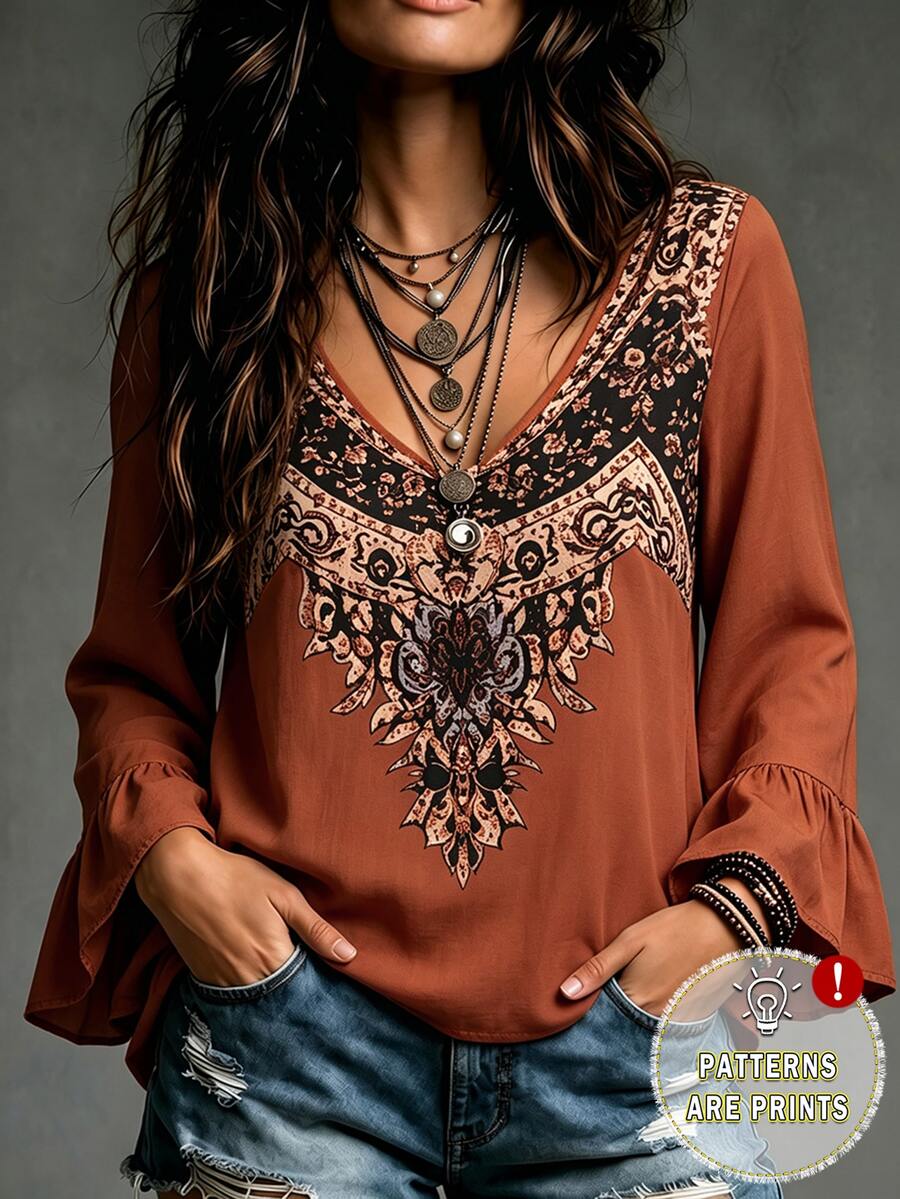 SHEIN LUNE Women's Floral Print V-Neck Loose Fit Blouse With Ruffle Cuffs - Burnt Orange - View 1