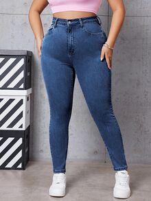 SHEIN EZwear 大尺碼女款高腰口袋修身休閒百搭牛仔褲 - 深色水洗藍 - 查看 5