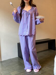 DAZY Women's Plaid Long Sleeve Top And Pants Casual Daily Home Sleepwear Set Fall - Pink - View 8