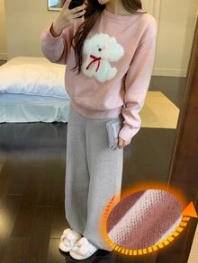 DAZY Autumn/Winter Knit Cute Puppy Pattern Loose Long Sleeve Top & Straight Leg Long Pajama Pants 2pcs Set Women's Sleepwear - Pink - View 6