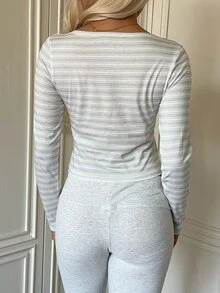 CovetEZ 女款性感短版條紋撞色長袖T恤 - 藍色 - 查看 2