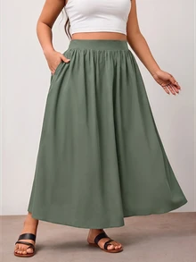 Enliva Plus Size Women's Army Green A-Line Skirt With Pocket Details, Elastic Waist, Suitable For Office Commute And Casual Outings Fall - Army Green - View 5