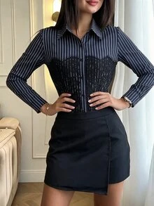 Modelyn Designer Striped Lace Patchwork Shirt Collar Long Sleeve Slim Fit Youthful Women's Fashion Versatile Elegant Blouse - Royal Blue - View 4