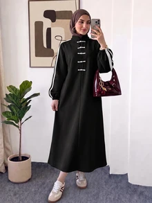 Veilorie 女款秋季休閒青蛙鈕扣長洋裝 - 黑色 - 查看 3