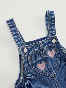 SHEIN Girls' Pink Heart Embroidered Pattern Dark Blue Denim Loose Overalls - Medium Wash - View 3