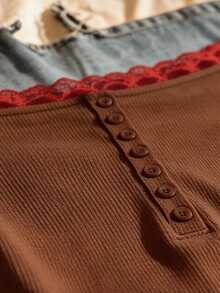 IslaSuriya Women's Lace Patchwork Slim Fit Versatile Daily Casual Long Sleeve Top - Brown - View 4