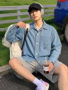 DAZY 男士短袖藍色水洗做舊字母壓紋街頭風牛仔襯衫 秋季 - 藍色 - 查看 4
