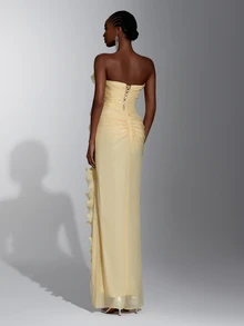 Elitara Elegant Pale Yellow One-Shoulder Ruched Organza Evening Gown With Ruffle Trim, High Slit And Floor-Length Fitted Silhouette For Wedding Guest, Bridesm - Yellow - View 3