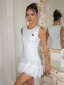Glamine Charm Women's Knight Pattern Cable Knit Ruffle Hem Sleeveless Knit Dress - White - View 1