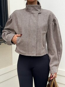 SHEIN EZwear 棕色千鳥格女款長袖休閒大衣 - 摩卡棕 - 查看 3