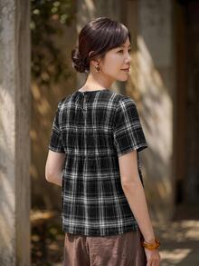 Yumoku 休閒復古 70 年代女款夏季格子短袖襯衫 早午餐穿搭 黑白格紋 - 黑色 - 查看 3
