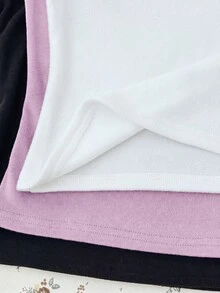 SHEIN 青少年女孩秋冬新款休閒極簡舒適針織抓絨純色方領長袖T恤 3件組 - 彩色 - 查看 6