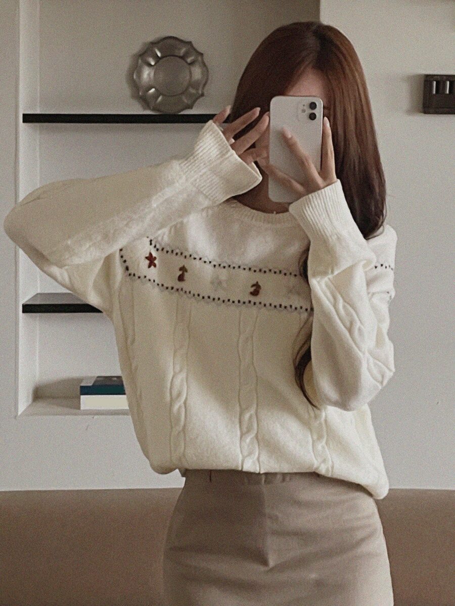 DAZY Women's Colorblock Pattern Jacquard Loose Long Sleeve Cable Knit Pullover Sweater, Casual Vacation Spring/Autumn - White - View 1