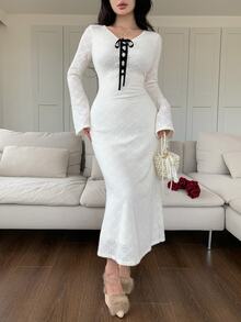 Feyla Women's V-Neck Tie Design Flared Sleeve Fitted Elegant Romantic Fishnet Midi Dress Date White Autumn - Apricot - View 5