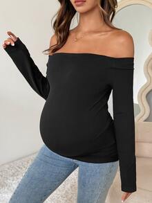 Dazy Maternity Solid Color Fitted Elastic Square Neck Long Sleeve Casual Vacation Spring/Autumn Maternity T-Shirt - Black - View 5