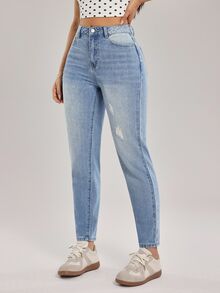 Rivivi Celana Jeans Wanita Kasual Model Tapered dengan Detail Sobek dan Kantong - Biru - View 3