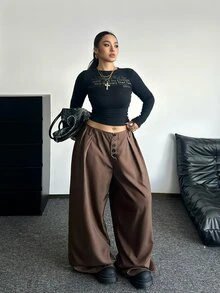 POPSWAY Plus Size Fashion Commuter Solid Color Wide Leg Pants Fall - Brown - View 4