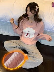 DAZY Autumn/Winter Knit Cute Puppy Pattern Loose Long Sleeve Top & Straight Leg Long Pajama Pants 2pcs Set Women's Sleepwear - Pink - View 1
