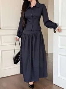 Livesso 女款長袖單排扣襯衫與裙子休閒牛仔套裝 秋季 - 藍色 - 查看 5