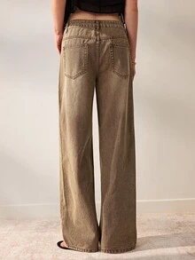 Willow Rêve Women's Brown Mid-Waist Straight Wide Leg Pants, Vintage Streetwear Washed Fluid Silhouette, Solid Color Western Casual Bohemian Style, Going Out Fall - Khaki - View 2