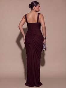 SHEIN BAE CURVE Plus Size Women Elegant Pleated Front Slit Dress For Date - Maroon - View 2