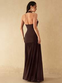 Silquee Spring/Summer Women's New Halter Neck Woven Sleeveless Mesh Hem Black Extra Long Dress, Fashion Casual Romantic - Coffee Brown - View 2