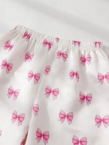 Tween Girls Pink Bow Print Lapel Open Front Long Sleeve Pants Set Flame Retardant Loungewear - White - View 3