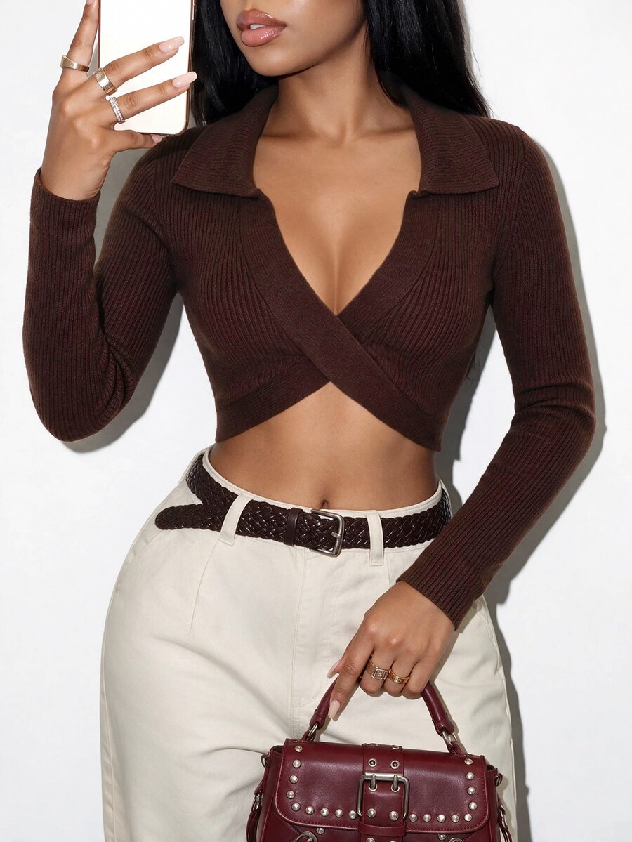 BamGleam Atasan Crop Top Rajut Ribbed Slim Fit Lengan Panjang Berkerah Simpul Silang Warna Cokelat Vintage, Gaya Seksi, Pinggang Tinggi - Coklat - View 1