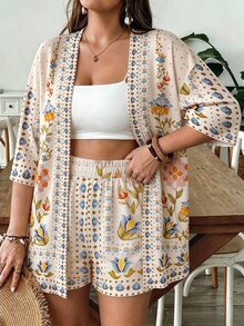Freevana Plus Size Women's Floral Print 2 Pieces Vacation Set, Short Sleeve Shirt And Shorts Outfit - Multicolor - View 6