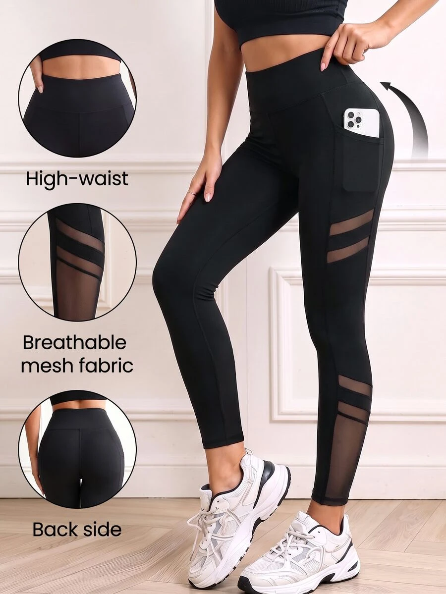 Slayform Women's Mesh Patchwork High Waist Seamless Sports Leggings - Black - View 1