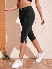 SHEIN Frenchy 女款休閒日常牛仔七分褲，附口袋與鈕扣設計 - 軍綠色 - 查看 4