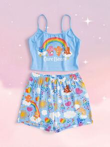SHEIN X Care Bears Women's Letter Print Camisole Top And Shorts Pajama Set - Baby Blue - View 1