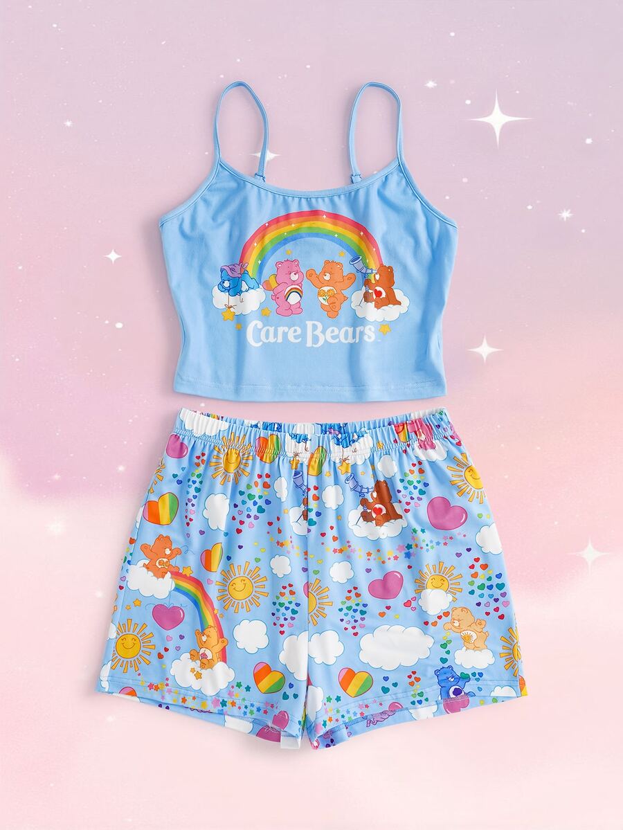 SHEIN X Care Bears Women's Letter Print Camisole Top And Shorts Pajama Set - Baby Blue - View 1