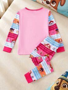 SHEIN | PAW Patrol 秋冬女童幼兒合身聯名款可愛卡通小狗印花粉色柔軟舒適高彈力長袖上衣與長褲2件式睡衣套裝 - 粉色 - 查看 2