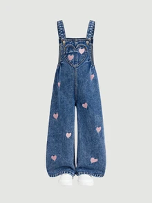 SHEIN Girls' Pink Heart Embroidered Pattern Dark Blue Denim Loose Overalls - Medium Wash - View 1