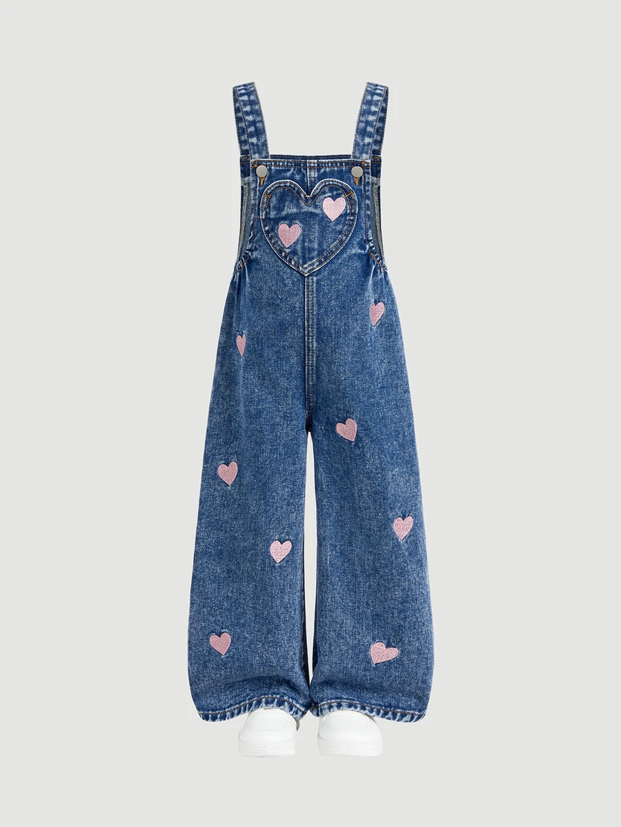 SHEIN Girls' Pink Heart Embroidered Pattern Dark Blue Denim Loose Overalls - Medium Wash - View 1