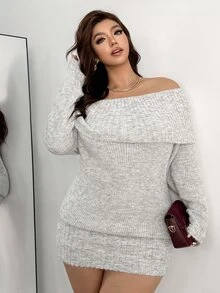 Auralis Off-Shoulder Folded Long Sleeve Fitted Grey Knit Dress, Sexy Soft Aesthetic, Autumn/Winter - Light Grey - View 4