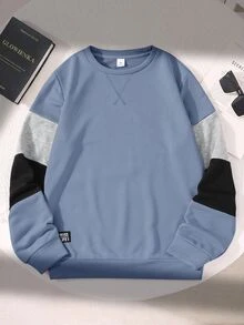 SHEIN 青少年男孩休閒圓領長袖拼色拼接袖套頭衛衣，寬鬆版型，適合春夏秋冬，校園穿搭，秋季服飾，長袖上衣 - 霧霾藍 - 查看 6