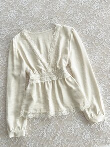 Elamini Women's Sweet Versatile Lace Patchwork Long Sleeve Top - Apricot - View 4