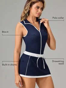 OutZeal Jumpsuit Olahraga Wanita untuk Gym, Latihan, Tenis, Gaun dengan Bra dan Bantalan yang Dapat Dilepas, dengan Bukaan Mudah Diakses. - Navy Blue - View 2
