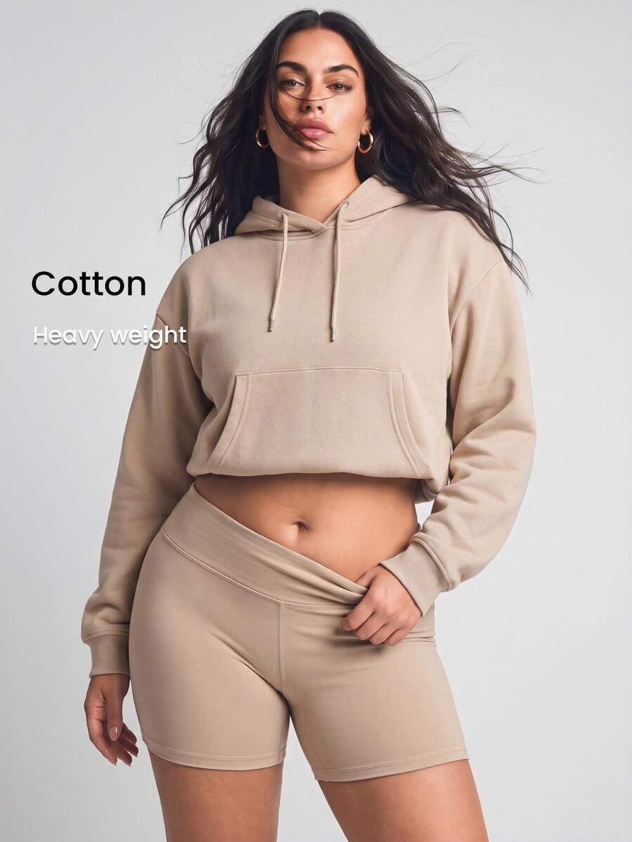 YARNWELL Sweatshirt Hoodie Kasual Wanita Ukuran Besar dengan Bahu Longgar dan Saku, Tali Serut, untuk Musim Gugur - Coffee Brown - View 1