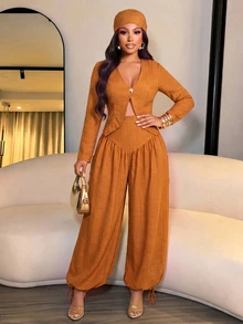 Brilight Textured 2 Pieces Set V Neck Crop Blazer Drawstring Wide Leg Pants Elegant Outfit For Teachers' Day Daily Office Corporate Rust Brown Autumn - Burnt Orange - View 11