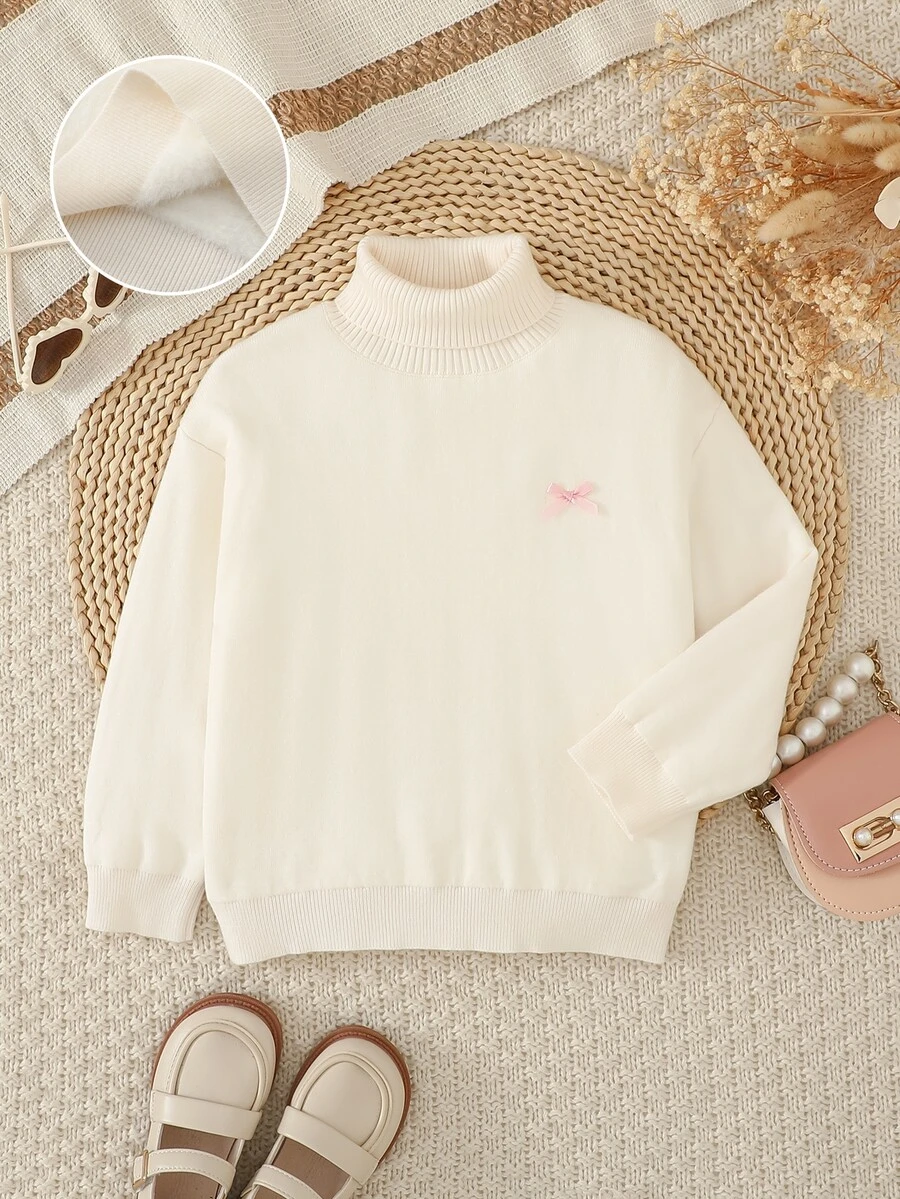 SHEIN 1件女童套頭毛衣,抓絨內裡高領麻花編織,純色簡約百搭寬鬆柔和風格,常規厚度整齊下擺柔軟舒適,適合日常、外出、旅行、度假、居家、育兒及各種場合,亦適用於秋冬、聖誕、開學、派對等場合 - 白色 - 查看 1