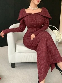 DAZY Women's Solid Color Long Sleeve Top And Skirt Fashion Set Fall - Burgundy - View 2