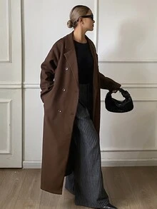 DAZY Brown Lapel Double-Breasted Loose Oversized Overcoat Jacket For Women, Casual Autumn/Winter - Coffee Brown - View 5