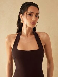 Silquee Spring/Summer Women's New Halter Neck Woven Sleeveless Mesh Hem Black Extra Long Dress, Fashion Casual Romantic - Coffee Brown - View 3