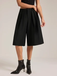 SHEIN Tall بنطلون بدلة واسع الساق بلون موحد أنيق وعملي متعدد الاستخدامات للتنقل والمكتب والأعمال، أسود، صيفي، مناسب ليوم المعلم - الأسود - مشاهدة 4