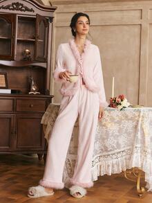 Côtesoire Women's Shiny Velvet Striped Long Sleeve Pants Pajama Set - Dusty Pink - View 5