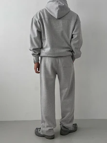 DAZY Men's Autumn/Winter Light Gray Floral Fleece Hoodie Sweatshirt And Straight Leg Sweatpants Set With Ribbed Hem And Cuffs, Elastic Waist - Grey - View 2